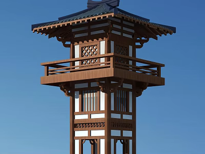 Ancient Pagoda With Traditional Roof Overhanging Eaves Wooden Structure Carved Window Lattice And Balcony Railings 3d model