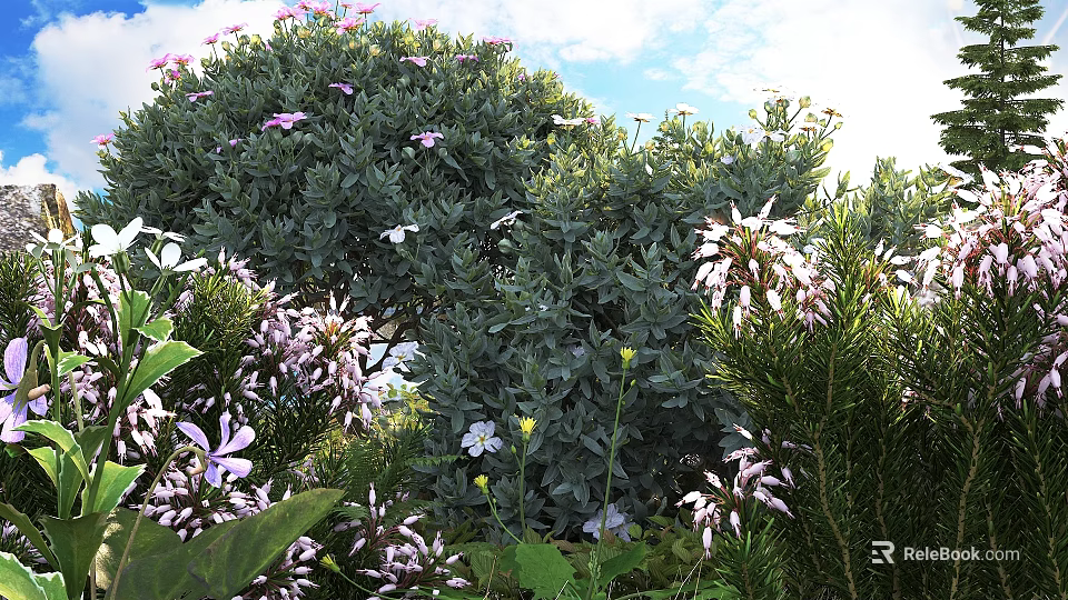 Lush Green Shrub With Pink Flowers Under Blue Sky Surrounded by Other Plants 3d model 