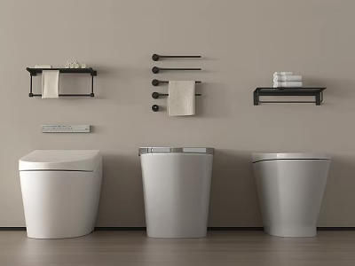 Modern Three Toilets In Bathroom Interior With Towel Racks Shelves And Towels 3d model