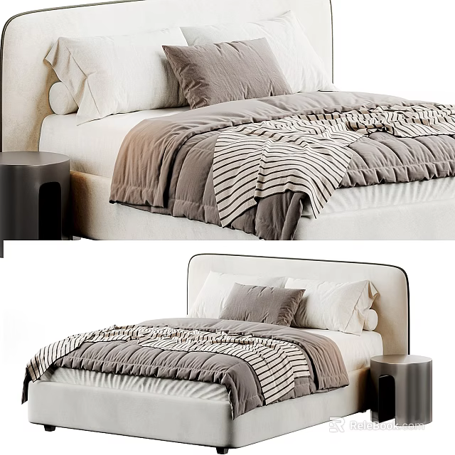 Double Bed with Striped Blanket White Gray Pillows and Black Nightstand 3d model 