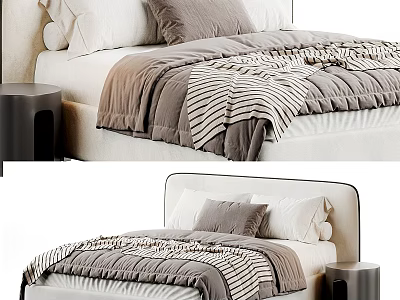 Double Bed with Striped Blanket White Gray Pillows and Black Nightstand 3d model