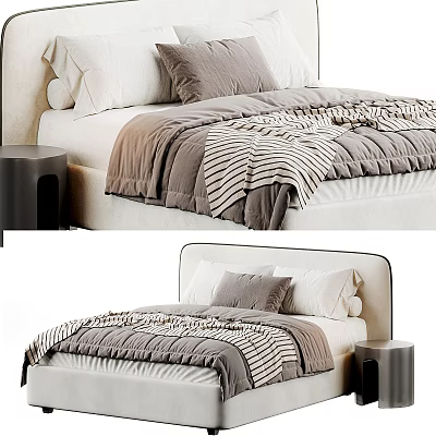 Double Bed with Striped Blanket White Gray Pillows and Black Nightstand 3d model