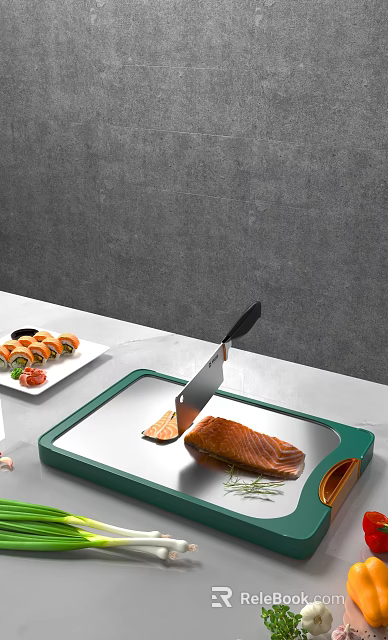 Fresh Salmon Fillet on Green Cutting Board With Sushi Rolls and White Countertop 3d model 