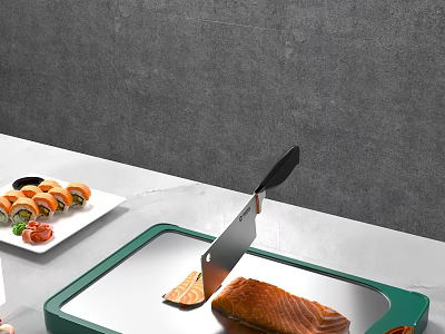 Fresh Salmon Fillet on Green Cutting Board With Sushi Rolls and White Countertop 3d model