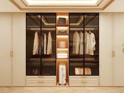 Elegant Modern Wardrobe with Glass Doors Gold Handles Hanging Clothes Shelves and Drawers 3d model