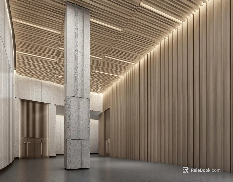 Modern Front Desk Reception Area With Wooden Walls Stone Columns And Lighting Design 3d model 