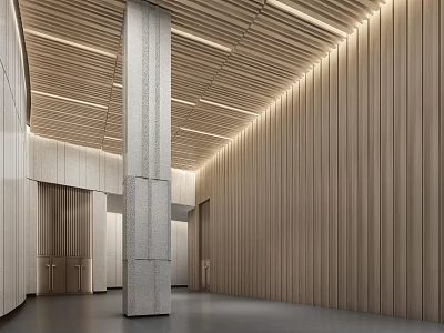 Modern Front Desk Reception Area With Wooden Walls Stone Columns And Lighting Design 3d model