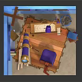 Cartoon Style Blue Room Scene With Easel Colored Pencils Telescope Arched Window And Star Moon Decorations