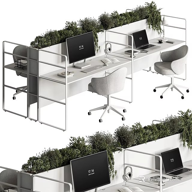 Modern Office Workspace With Ergonomic Desks Office Chairs Computers And Green Plant Partitions 3d model 
