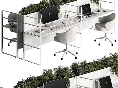 Modern Office Workspace With Ergonomic Desks Office Chairs Computers And Green Plant Partitions 3d model