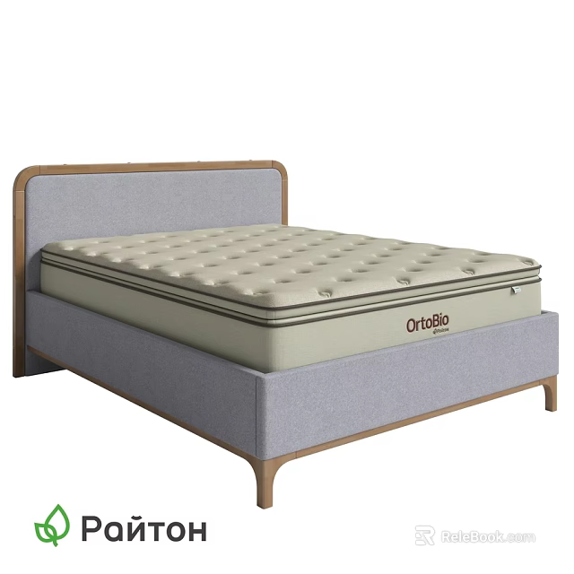 Double Bed With Gray Upholstered Headboard Beige Oneda Mattress And Sturdy Frame 3d model 