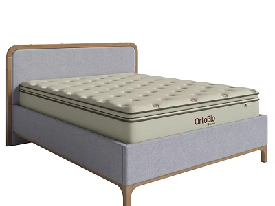 Double Bed With Gray Upholstered Headboard Beige Oneda Mattress And Sturdy Frame 3d model
