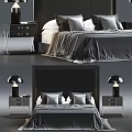 Modern Double Bed Interior Design With Dark Silky Bedspread And Bedside Drawers 3d model