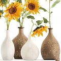 Decorative Ornament Set With Yellow Sunflowers And Brown White Ceramic Vases Small Dot Patterns