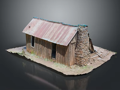 Rustic Wooden Cabin Model With Rusted Metal Roof And Stone Chimney 3d model