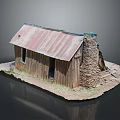 Rustic Wooden Cabin Model With Rusted Metal Roof And Stone Chimney
