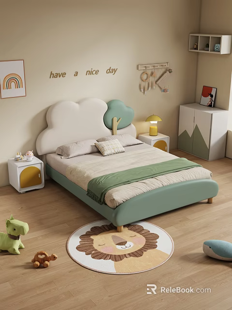 Cute Kids Bed with Cloud Tree Headboard Light Green White and Nightstand Lamp Rainbow Decor 3d model 