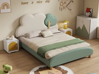 Cute Kids Bed with Cloud Tree Headboard Light Green White and Nightstand Lamp Rainbow Decor 3d model