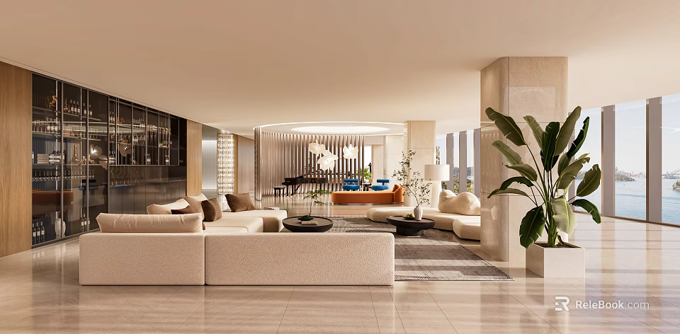 Modern Casual Lounge Area Interior With Comfortable Sofas Large Rug And Green Plants 3d model 