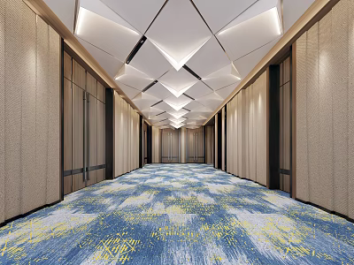 Modern Elevator Corridor With Geometric Ceiling Lights And Patterned Carpet 3d model