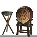 Traditional Metal Brazier With Flames And Dragon Pattern Drum On Wooden Stand