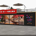 Modern Container Building Restaurant With Glass Facade Neon Signs And Bright Signage