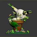 Cute Plant Creature Character In Brown Pot With Green Vines And Flowers