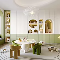 Kids Room Interior With Green White Cabinets Round Window Mushroom Playhouse And Toy Car