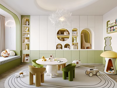 Kids Room Interior With Green White Cabinets Round Window Mushroom Playhouse And Toy Car 3d model