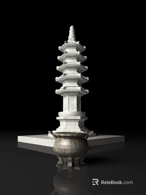 Traditional White Multi tiered Stone Pagoda With Base Platform And Bronze Urn 3d model 