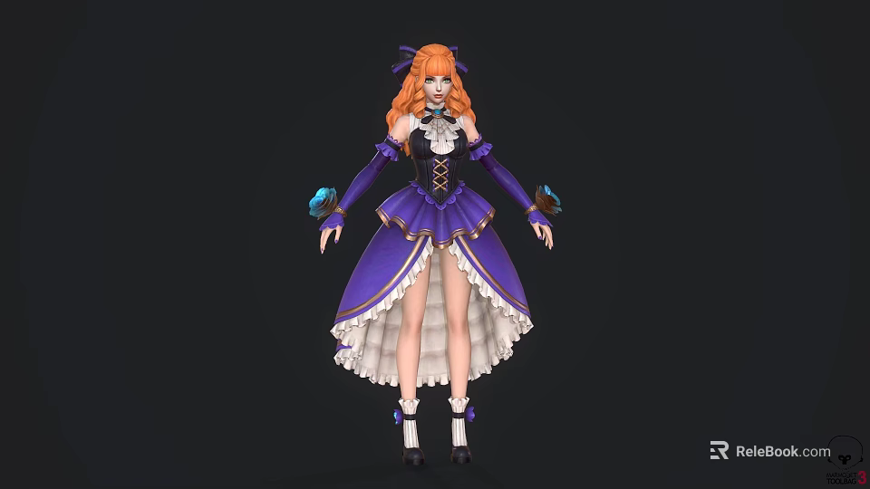 Child Character With Orange Hair Purple White Dress And Blue Bird Decorations 3d model 