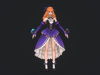 Child Character With Orange Hair Purple White Dress And Blue Bird Decorations 3d model