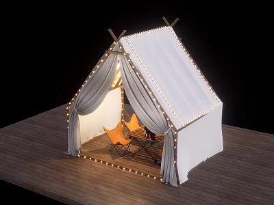 White Canvas Tent With String Lights On Wooden Platform And Orange Chairs Inside 3d model