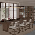 Japanese Style Tea Room With Long Tea Table Chairs Wooden Screen Bookshelf And Tea Sets