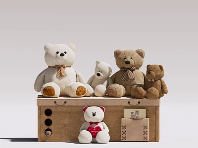 Multiple Sizes Teddy Bear Dolls On Wooden Box With Red Heart 3d model