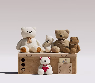 Multiple Sizes Teddy Bear Dolls On Wooden Box With Red Heart 3d model