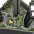 Modern Garden Landscape Design With Green Lawn Trees Pathways And Buildings