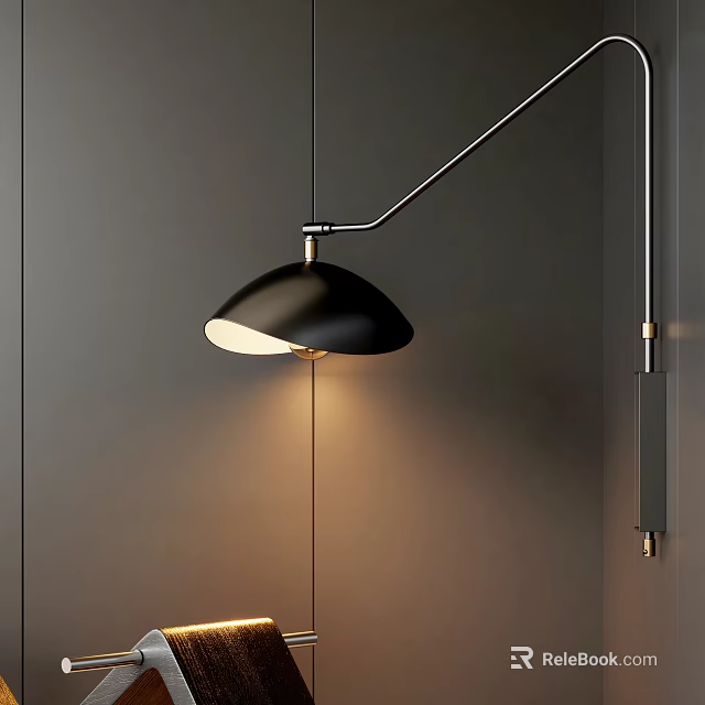 Modern Black Wall Lamp With Metal Arm And Warm Illumination Mounted On Dark Wall 3d model 