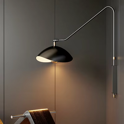 Modern Black Wall Lamp With Metal Arm And Warm Illumination Mounted On Dark Wall 3d model