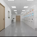 Modern Corridor Interior With White Cabinets Equipment Screens Ceiling Lights Gray Flooring And Wooden Doors