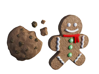 Gingerbread Man Cookie With Red Scarf And Chocolate Chip Cookie With Bitten Edge And Crumbs 3d model
