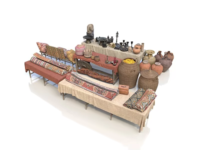 Traditional Rural Scenery Featuring Clay Pots Woven Baskets and Patterned Mats 3d model