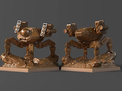 Detailed Bronze Mechanical Sculptures With Robotic Legs And Weapon Features 3d model