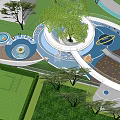 Colorful Children's Play Area with Circular Slide White Railings and Green Plants