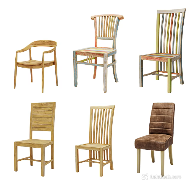 Various Stylish Dining Chairs Featuring Wooden Slatted Backs Padded Seats And Curved Details 3d model 