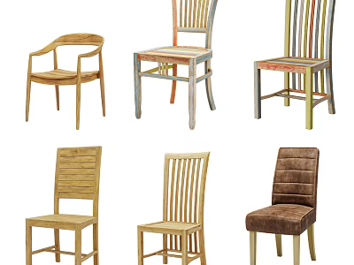Various Stylish Dining Chairs Featuring Wooden Slatted Backs Padded Seats And Curved Details 3d model