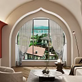 Elegant Living Room Interior With Arched Window Lake View Red Wall And Beige Sofa