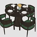 Round Dining Table Set with Four Green Cushioned Dark Wooden Chairs and Tableware 3d model