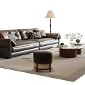 Stylish Leather Sofa And Coffee Table Set With Pillows Floor Lamp Ottoman And Plant