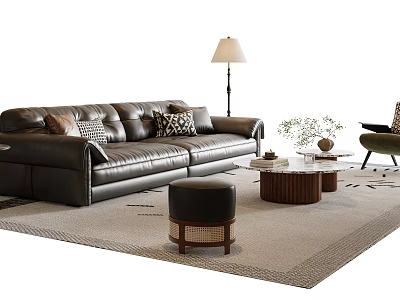 Stylish Leather Sofa And Coffee Table Set With Pillows Floor Lamp Ottoman And Plant 3d model